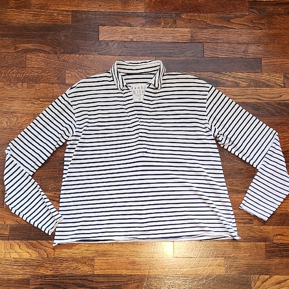 Frank & Eileen Classic Navy White VNeck Striped Long Sleeve Collar Shirt Oversiz - Picture 1 of 8